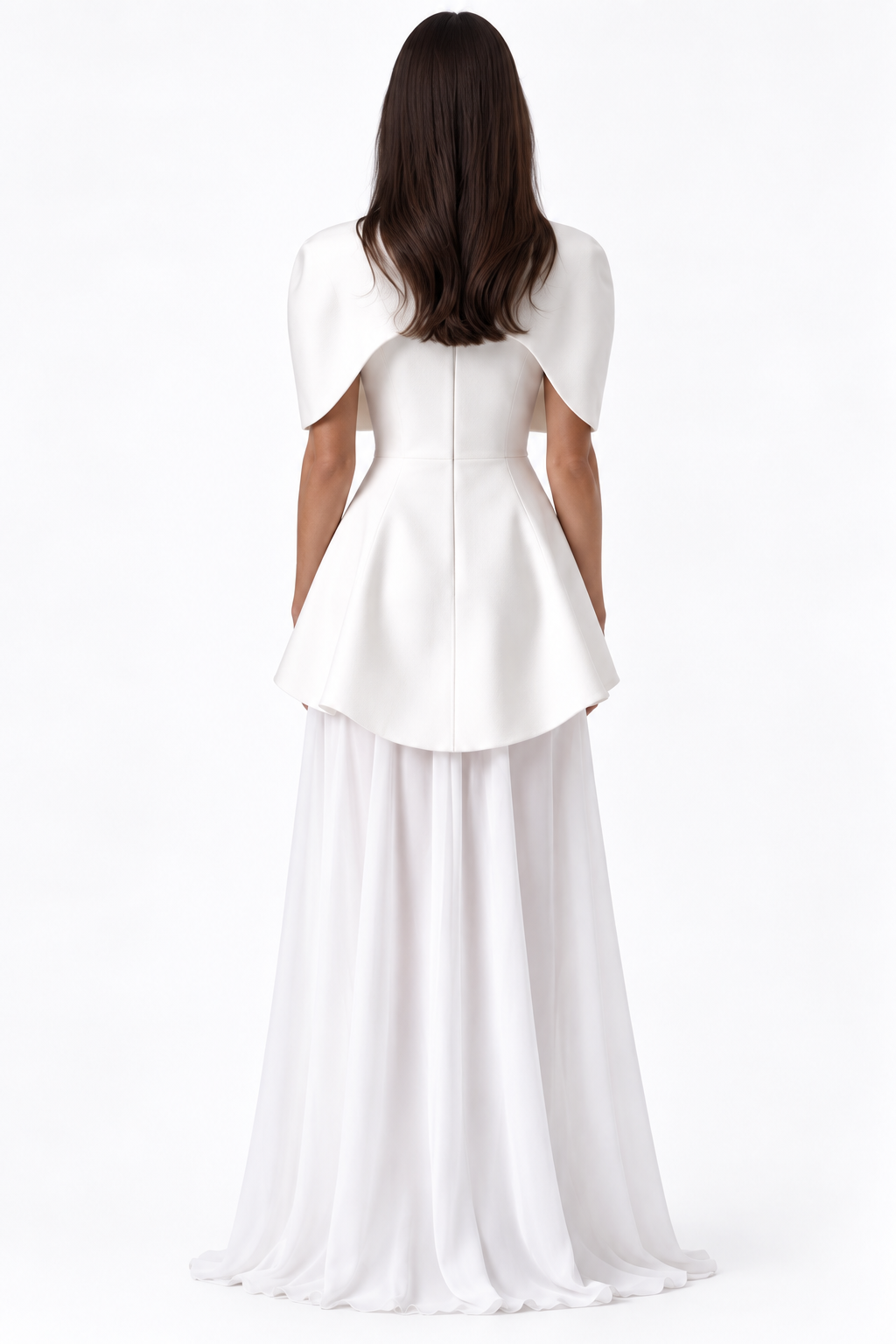 A woman shown from the back wearing a white formal dress with a structured peplum-style bodice, short cape-like sleeves, and a flowing skirt against a plain white studio background.