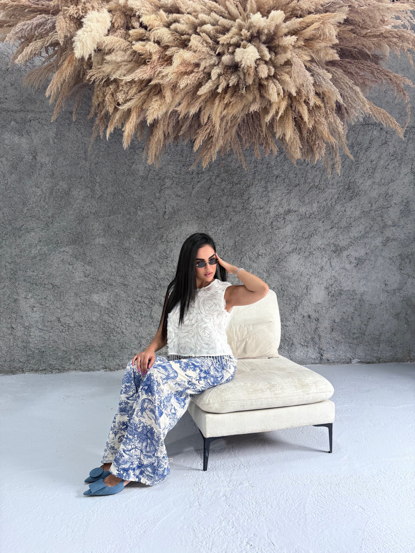 3D Rosette Top + Toile Print Wide-Leg Pants