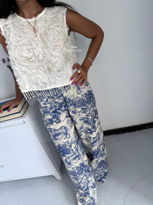 3D Rosette Top + Toile Print Wide-Leg Pants