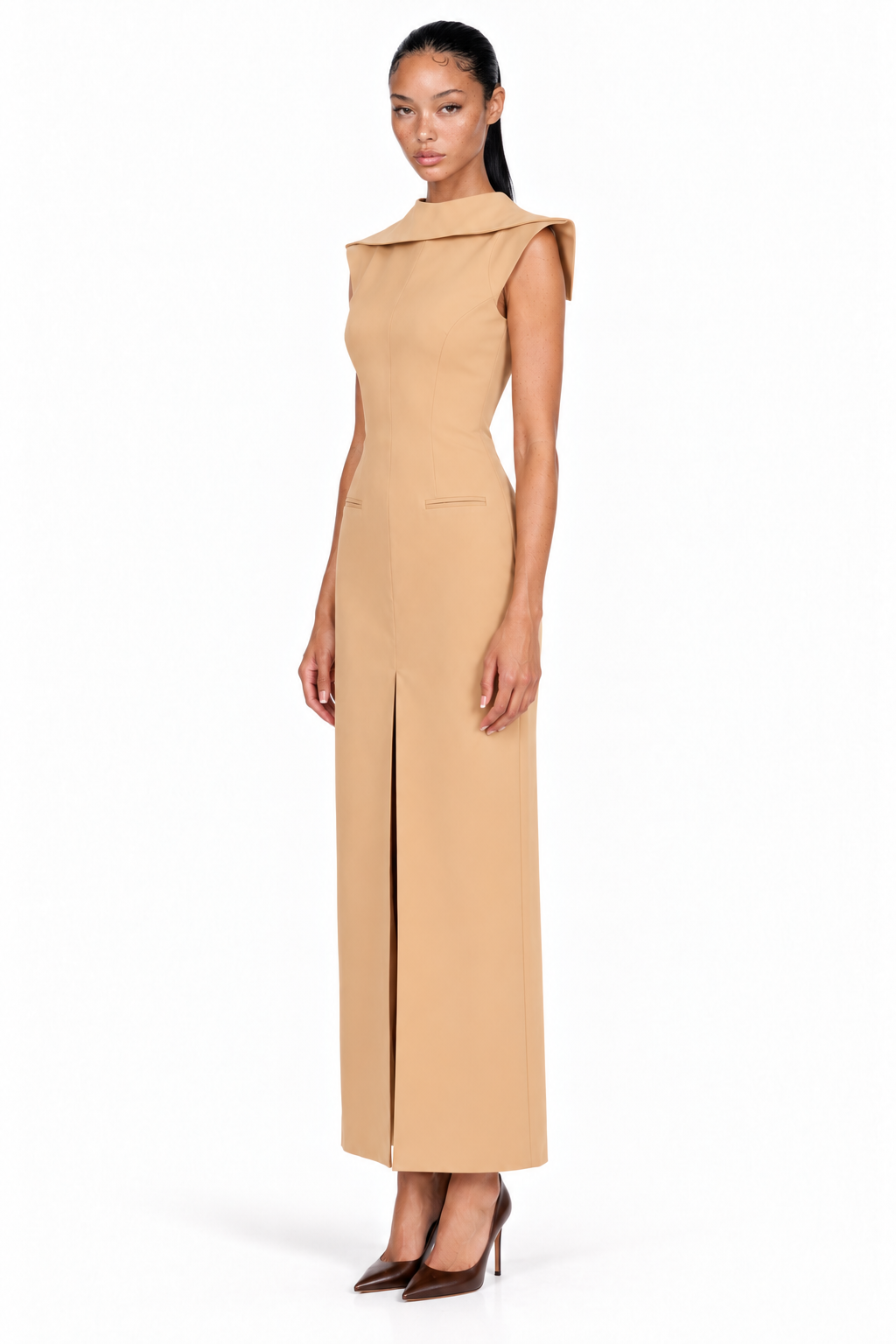 SOLÈNE SCULPTED COWL-BACK DRESS