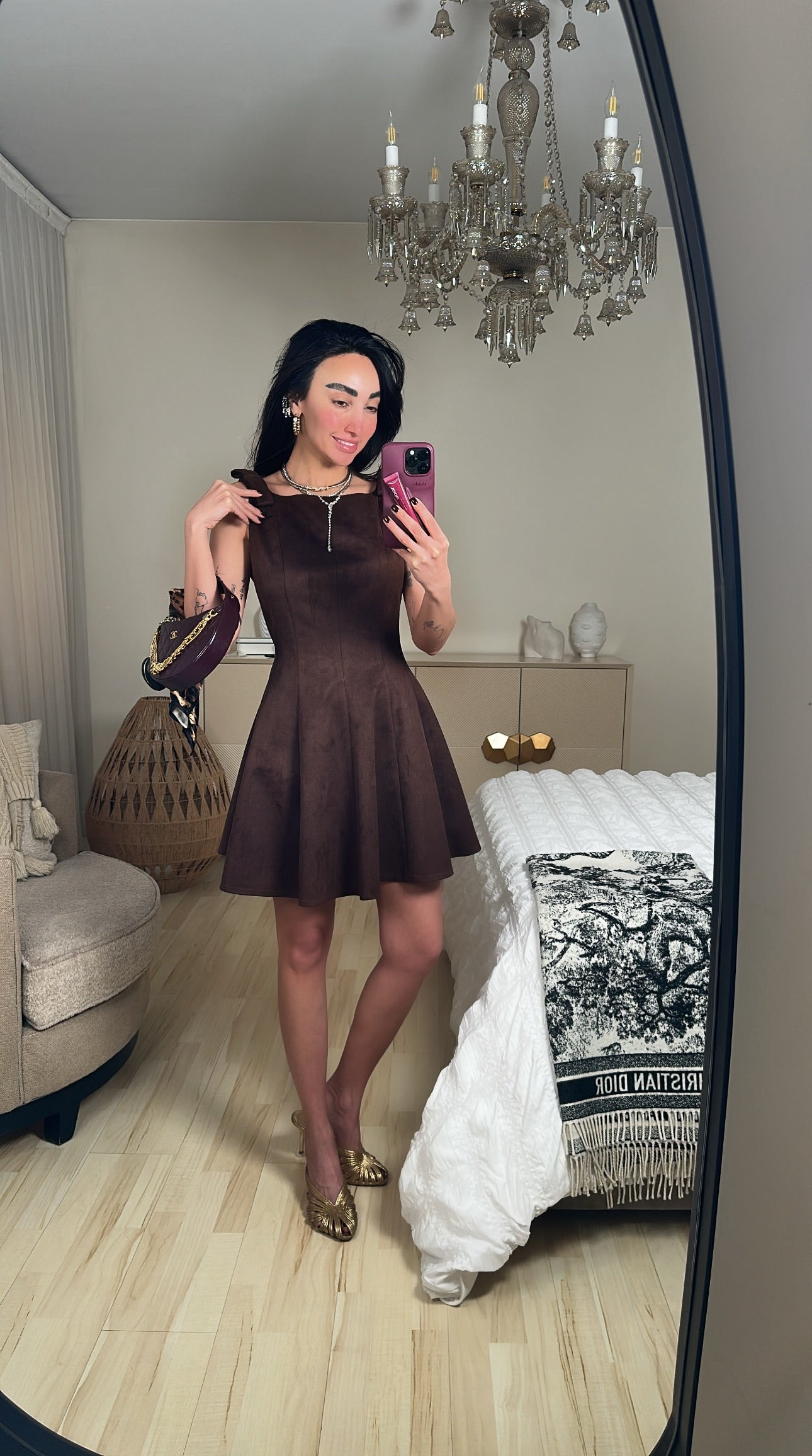 Suede Ribbon-Strap Dress