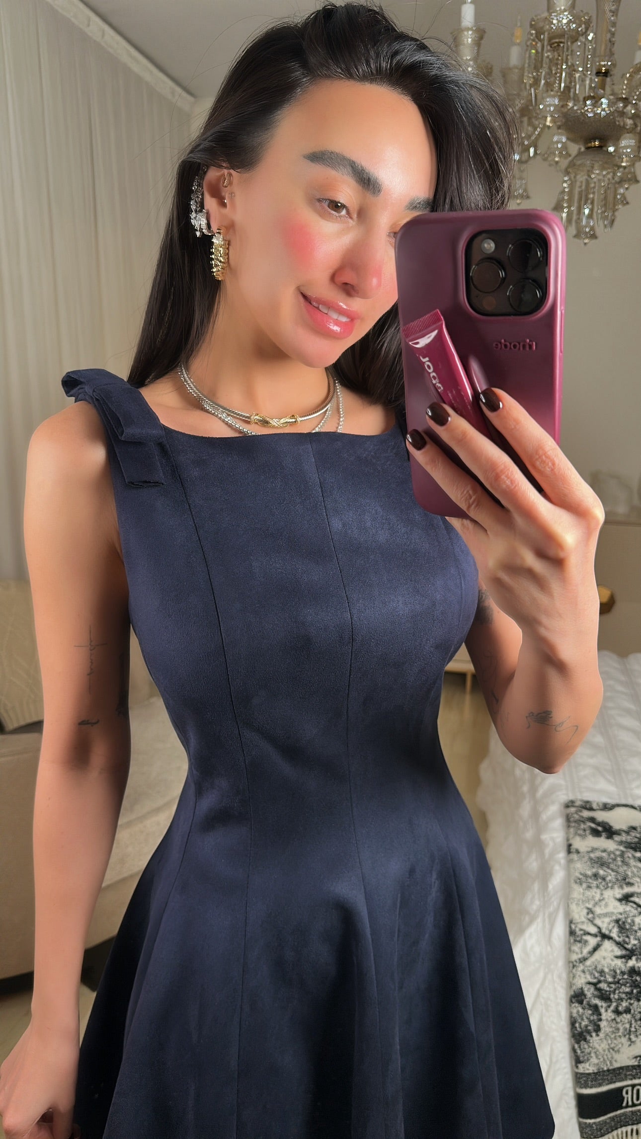 Suede Ribbon-Strap Dress