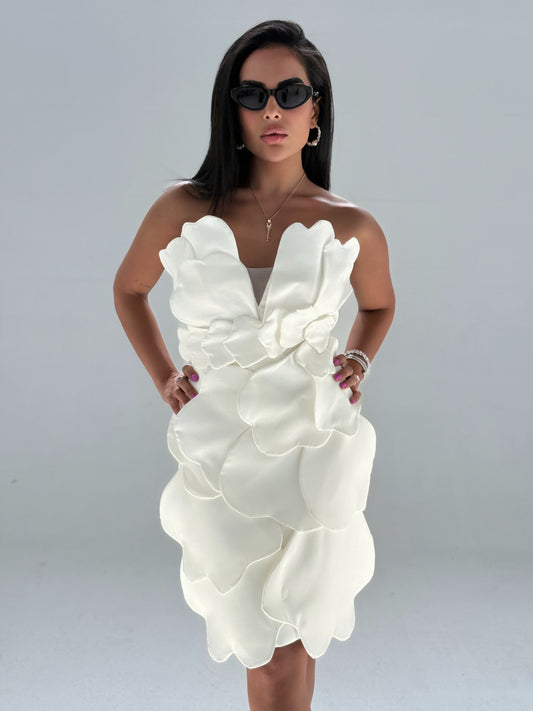 Blossom Strapless Petal Dress – White Edition