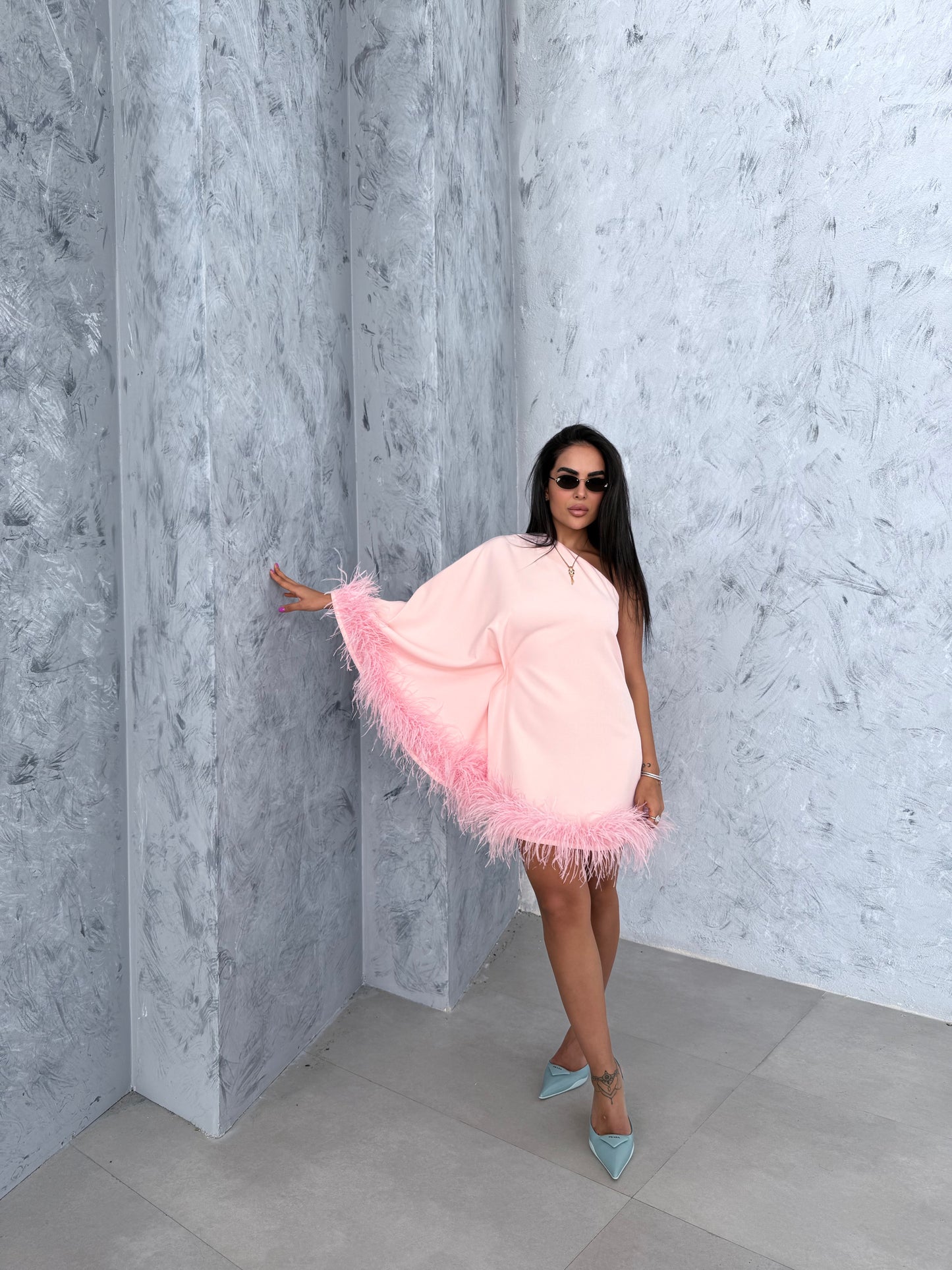 Luna Feather-Trim Mini Dress