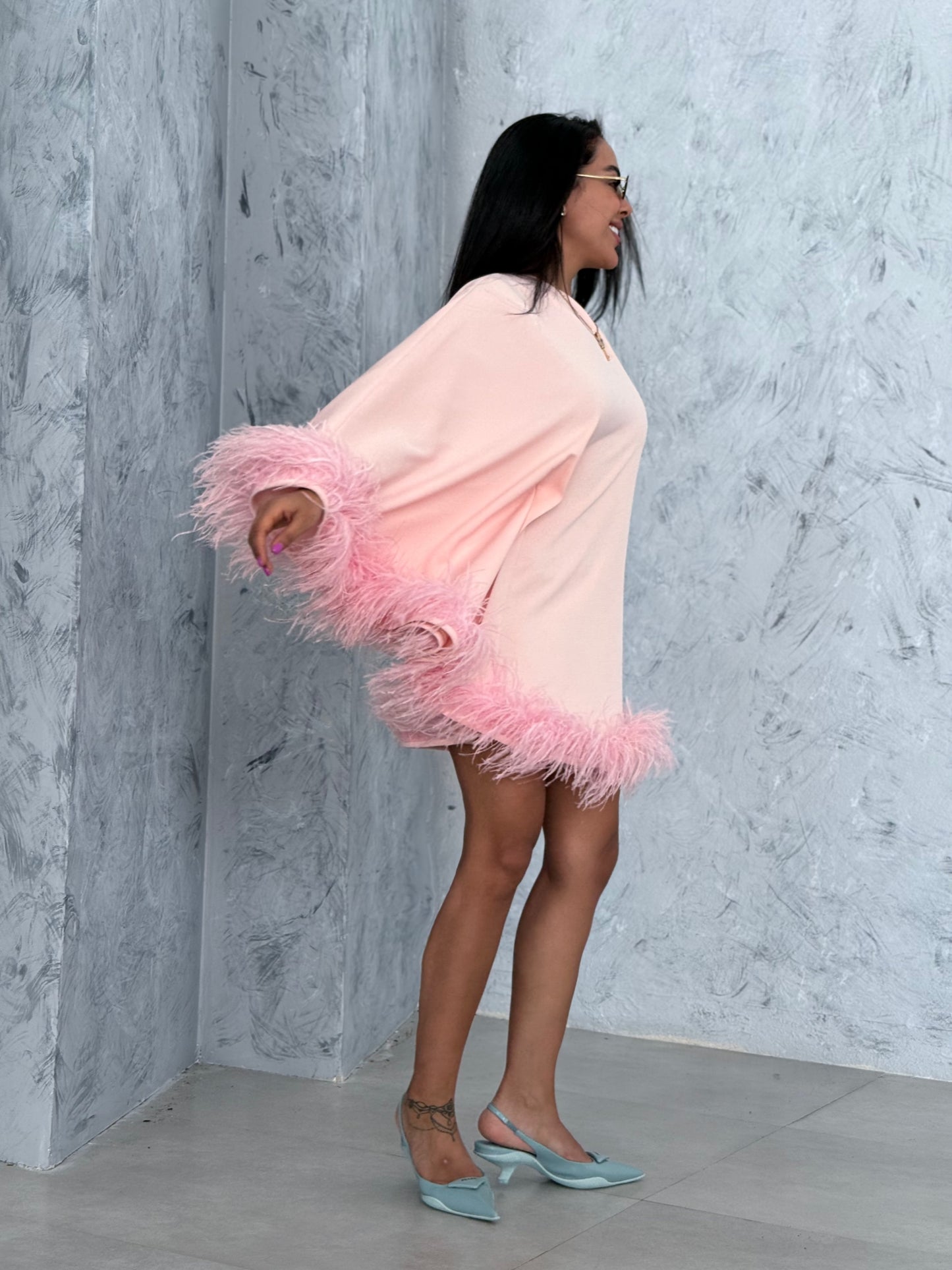 Luna Feather-Trim Mini Dress