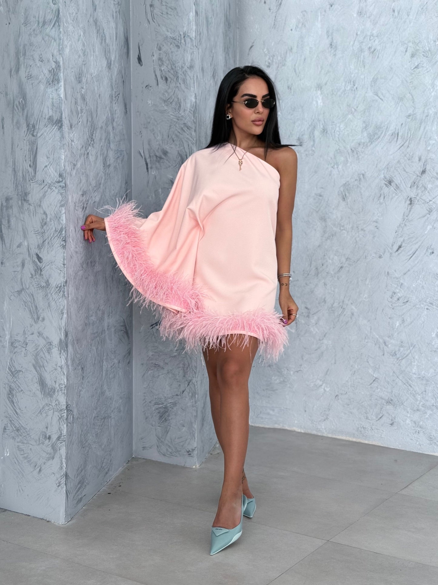 Luna Feather-Trim Mini Dress