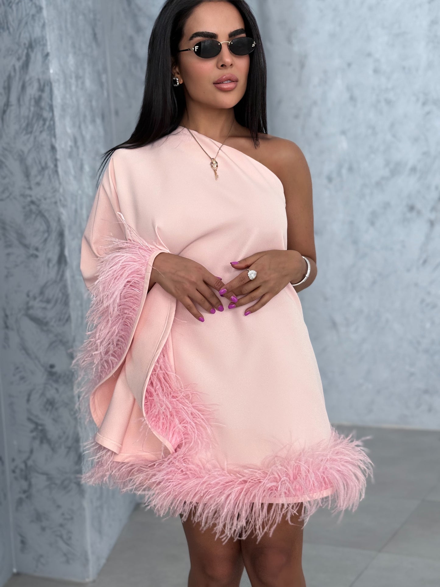 Luna Feather-Trim Mini Dress