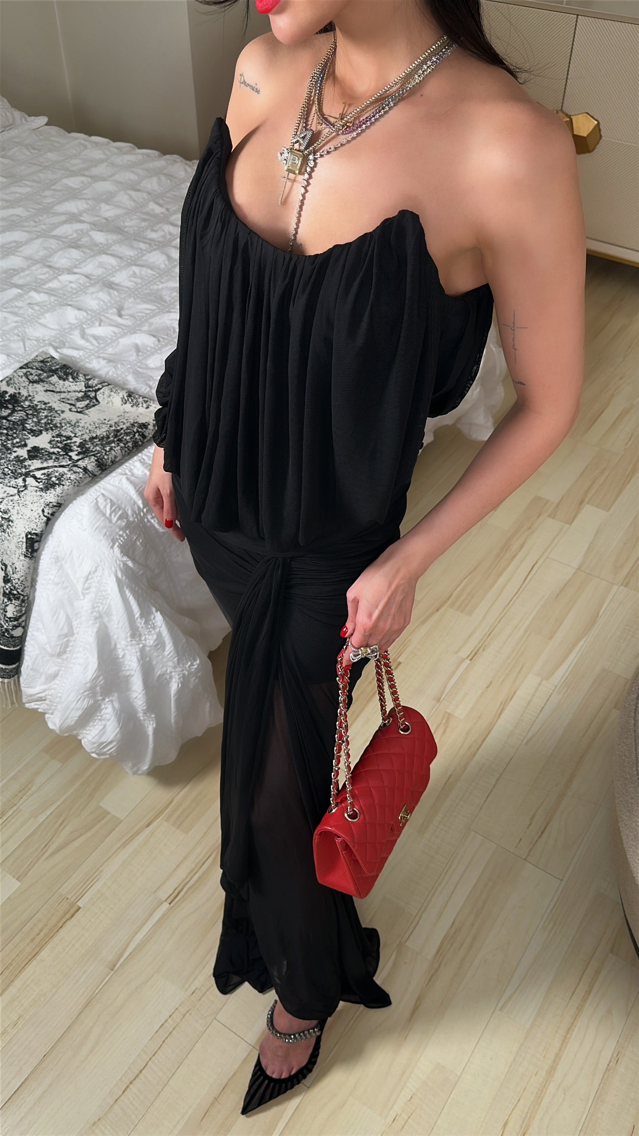 Draped Cascade Evening Gown – Classic Black